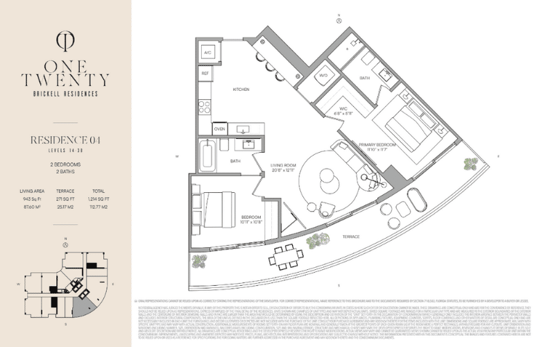 one twenty brickell residences plano de 2 habitaciones