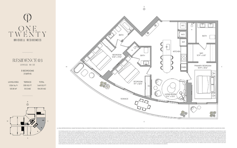 one twenty brickell residences plano de 3 habitaciones